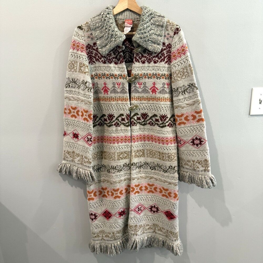 VTG OILILY Knit Sweater Coat Long Duster Fair Isle Toggle Fringed Wool Blend XS